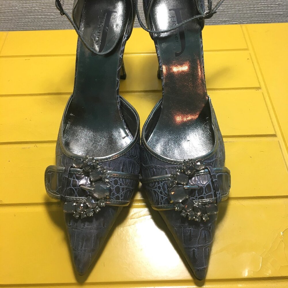 J Renee, Cassidy heel with ankle strap, gray/blue/bronze snakeskin print 7.5M